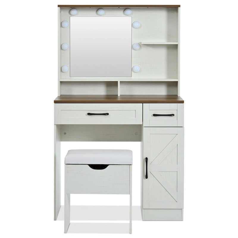 Brown & White Farmhouse Vanity Desk with LED Mirror, Drawers & Cushioned Stool – 1 Person