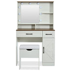 Brown & White Farmhouse Vanity Desk with LED Mirror, Drawers & Cushioned Stool – 1 Person