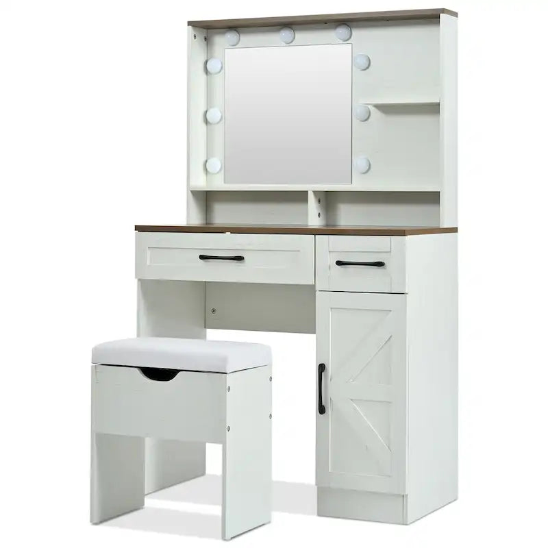 Brown & White Farmhouse Vanity Desk with LED Mirror, Drawers & Cushioned Stool – 1 Person