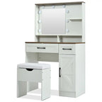 Brown & White Farmhouse Vanity Desk with LED Mirror, Drawers & Cushioned Stool – 1 Person