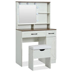 Brown & White Farmhouse Vanity Desk with LED Mirror, Drawers & Cushioned Stool – 1 Person