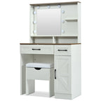 Brown & White Farmhouse Vanity Desk with LED Mirror, Drawers & Cushioned Stool – 1 Person