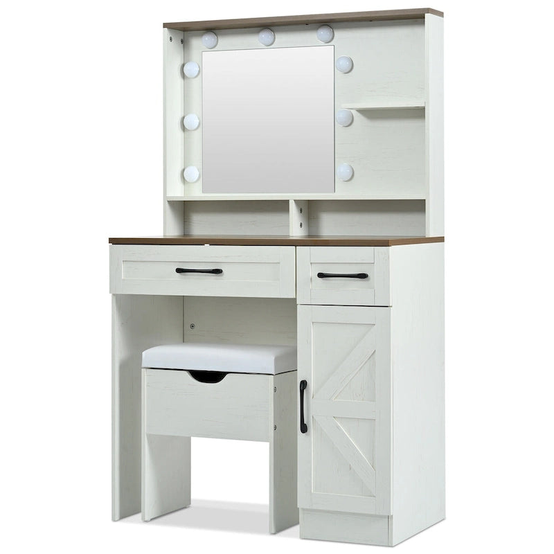 Brown & White Farmhouse Vanity Desk with LED Mirror, Drawers & Cushioned Stool – 1 Person