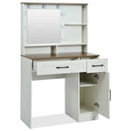 Brown & White Farmhouse Vanity Desk with LED Mirror, Drawers & Cushioned Stool – 1 Person