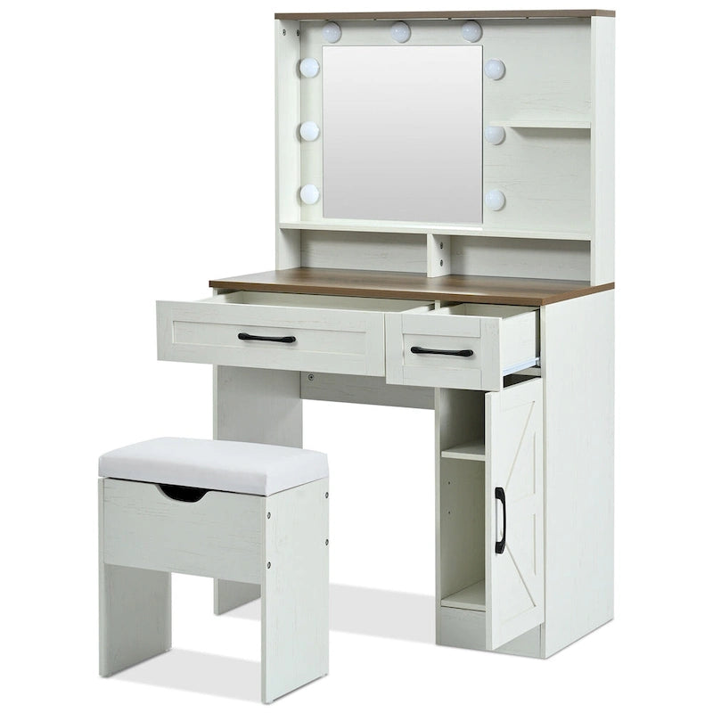 Brown & White Farmhouse Vanity Desk with LED Mirror, Drawers & Cushioned Stool – 1 Person
