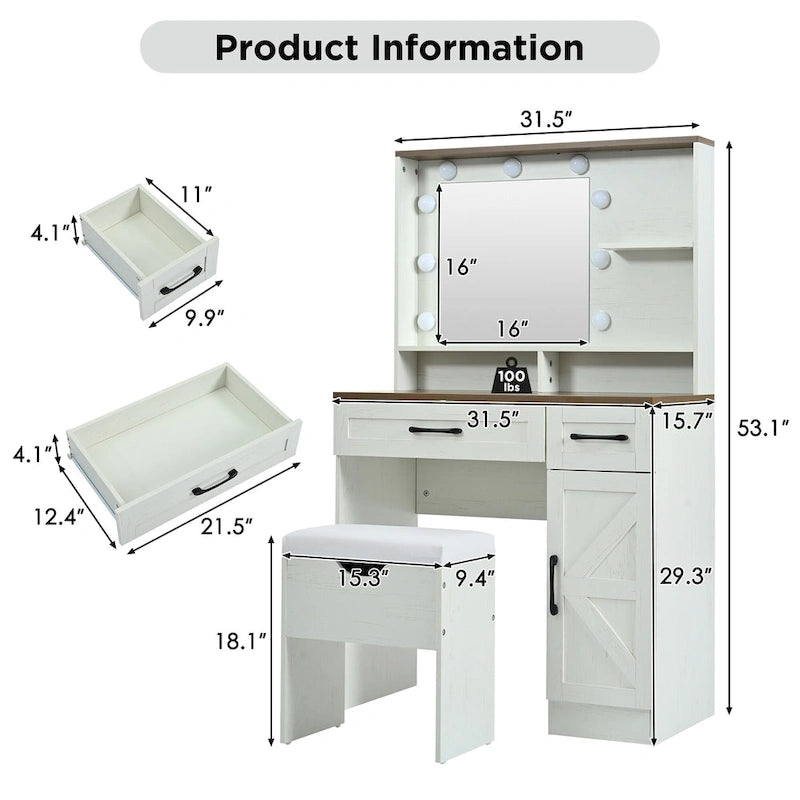 Brown & White Farmhouse Vanity Desk with LED Mirror, Drawers & Cushioned Stool – 1 Person