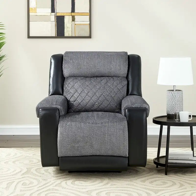 HomeRoots 39  Black And Gray Faux Leather And Fabric Manual Recliner