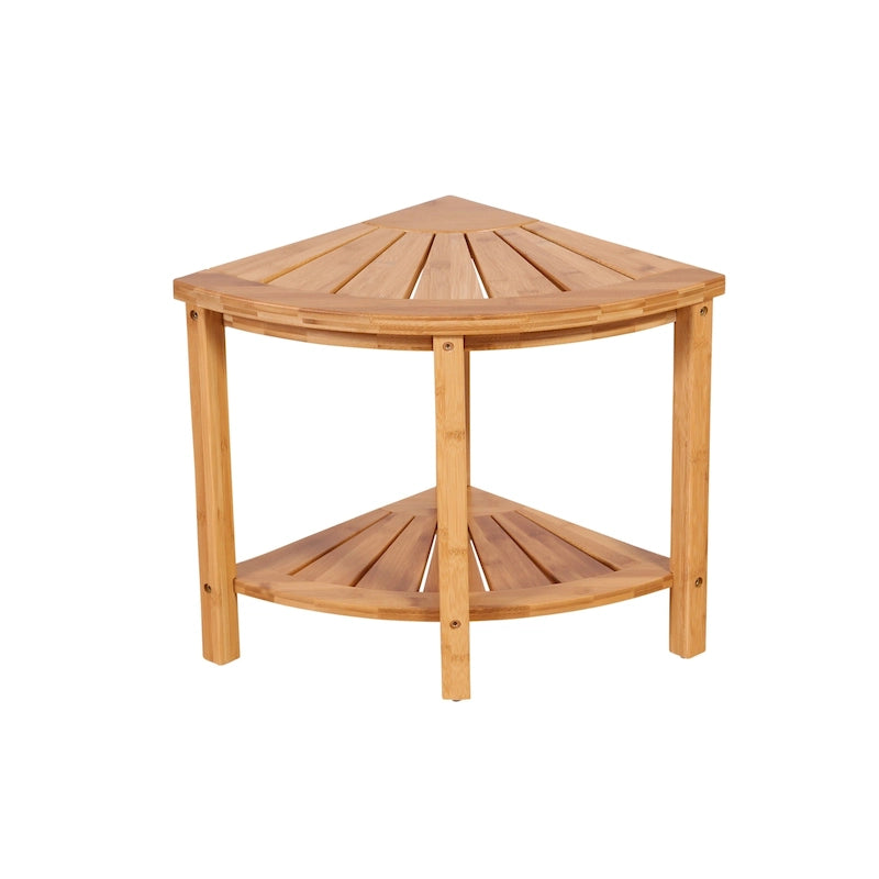 Bamboo Corner Shower Bench with Storage Shelf – Natural / Caramel – 1 Person