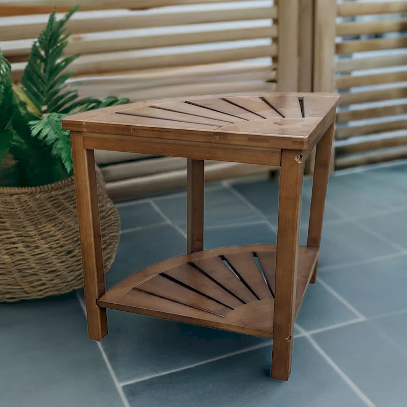 Bamboo Corner Shower Bench with Storage Shelf – Natural / Caramel – 1 Person