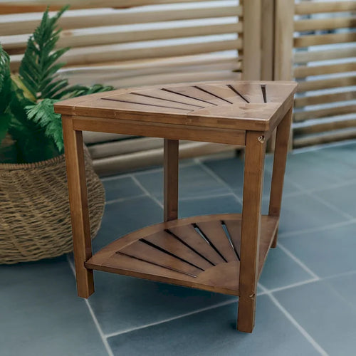 Bamboo Corner Shower Bench with Storage Shelf – Natural / Caramel – 1 Person
