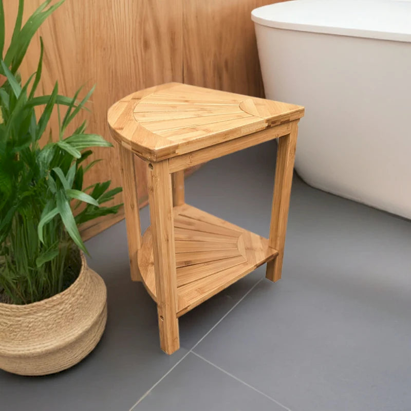 Bamboo Corner Shower Bench with Storage Shelf – Natural / Caramel – 1 Person