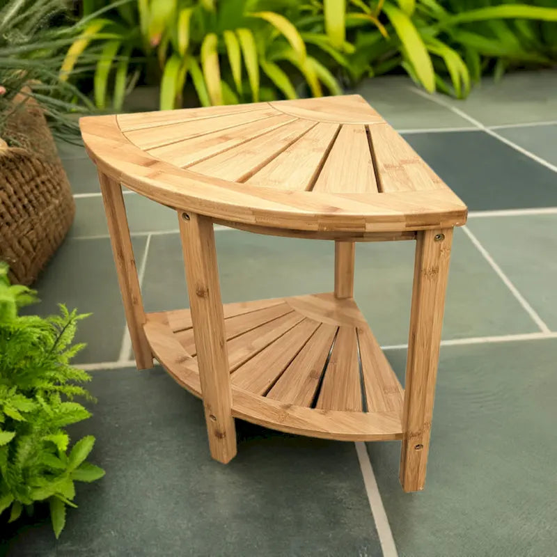 Bamboo Corner Shower Bench with Storage Shelf – Natural / Caramel – 1 Person