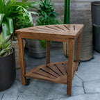 Bamboo Corner Shower Bench with Storage Shelf – Natural / Caramel – 1 Person