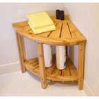 Bamboo Corner Shower Bench with Storage Shelf – Natural / Caramel – 1 Person