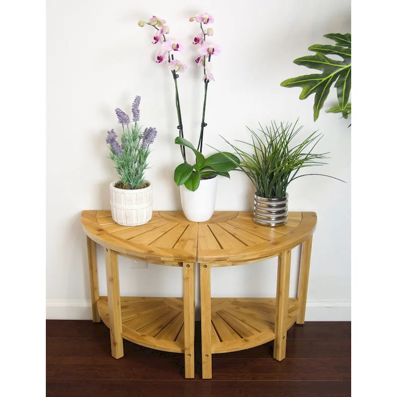 Bamboo Corner Shower Bench with Storage Shelf – Natural / Caramel – 1 Person