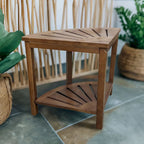 Bamboo Corner Shower Bench with Storage Shelf – Natural / Caramel – 1 Person