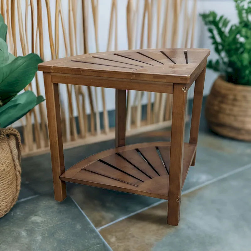 Bamboo Corner Shower Bench with Storage Shelf – Natural / Caramel – 1 Person