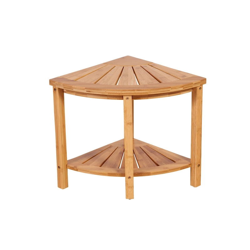 Bamboo Corner Shower Bench with Storage Shelf – Natural / Caramel – 1 Person