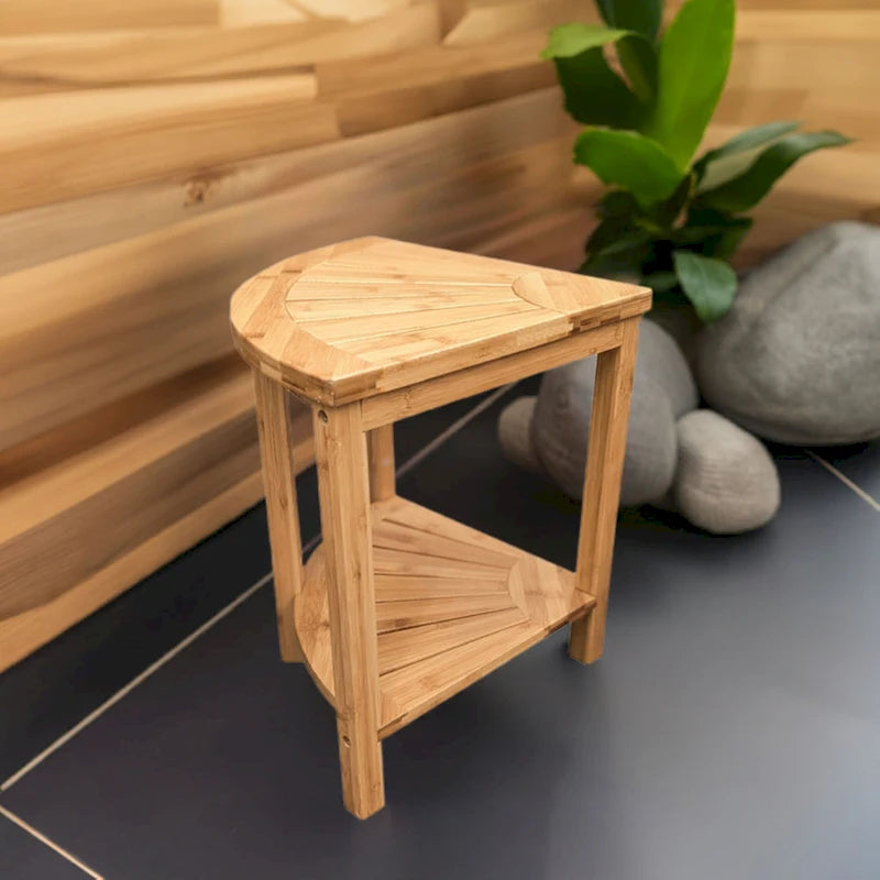 Bamboo Corner Shower Bench with Storage Shelf – Natural / Caramel – 1 Person