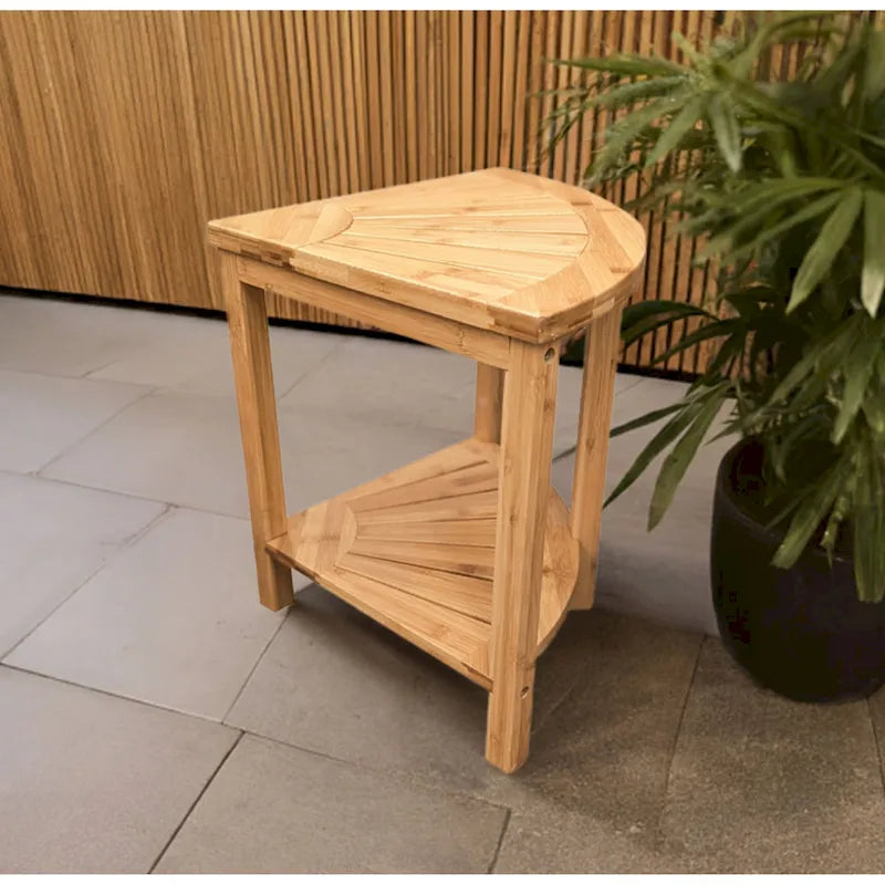 Bamboo Corner Shower Bench with Storage Shelf – Natural / Caramel – 1 Person