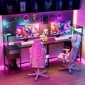 Black Gaming & Home Office Desk with LED Lights, Power Outlets & Storage Shelves – 1 Person