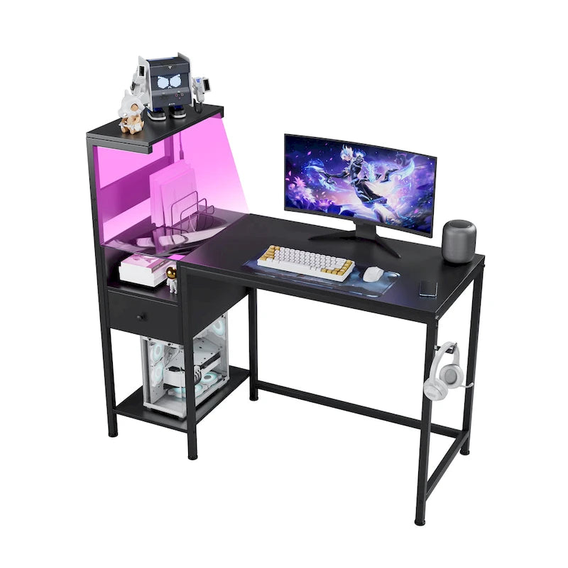 Black Gaming & Home Office Desk with LED Lights, Power Outlets & Storage Shelves – 1 Person