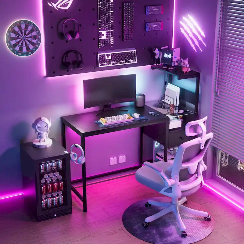 Black Gaming & Home Office Desk with LED Lights, Power Outlets & Storage Shelves – 1 Person