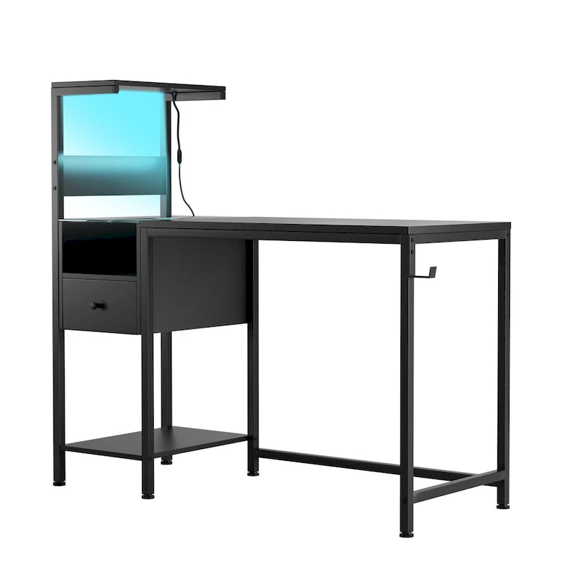 Black Gaming & Home Office Desk with LED Lights, Power Outlets & Storage Shelves – 1 Person