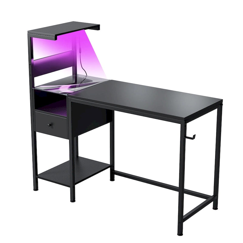 Black Gaming & Home Office Desk with LED Lights, Power Outlets & Storage Shelves – 1 Person