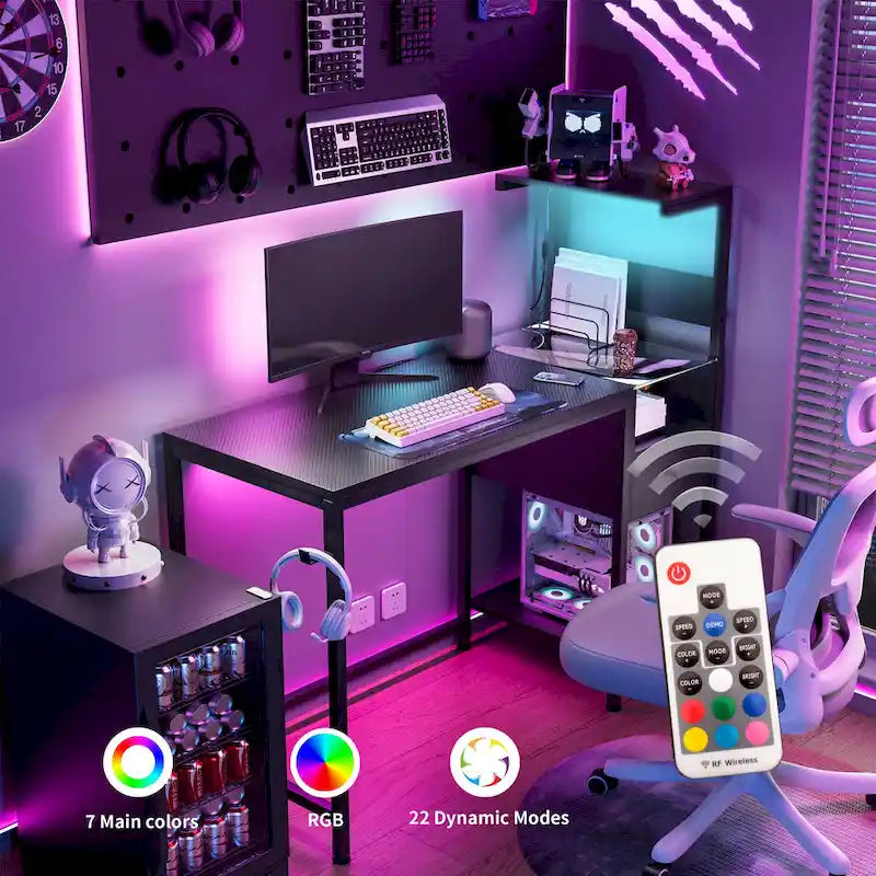 Black Gaming & Home Office Desk with LED Lights, Power Outlets & Storage Shelves – 1 Person