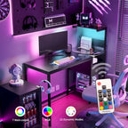 Black Gaming & Home Office Desk with LED Lights, Power Outlets & Storage Shelves – 1 Person