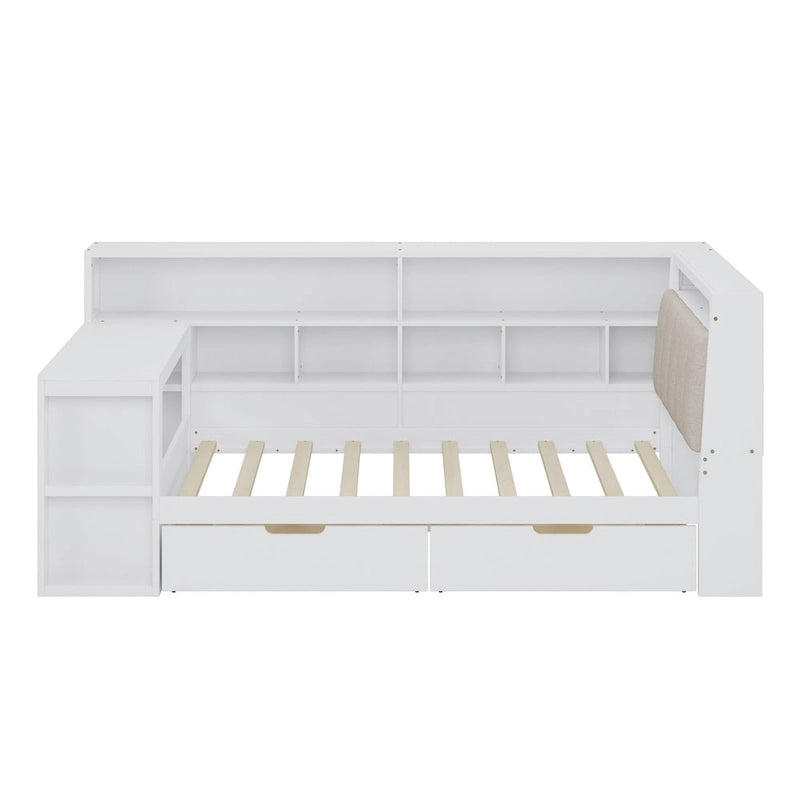 L-shaped Wooden Sofa Daybed with Desk, Bookcase Cabinet, Corner Bed with Under-bed Drawers, Upholstered Headboard Built-in Light