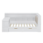L-shaped Wooden Sofa Daybed with Desk, Bookcase Cabinet, Corner Bed with Under-bed Drawers, Upholstered Headboard Built-in Light