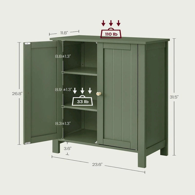 Forest Green MDF Bathroom Storage Cabinet with 2 Adjustable Shelves & Beadboard Doors