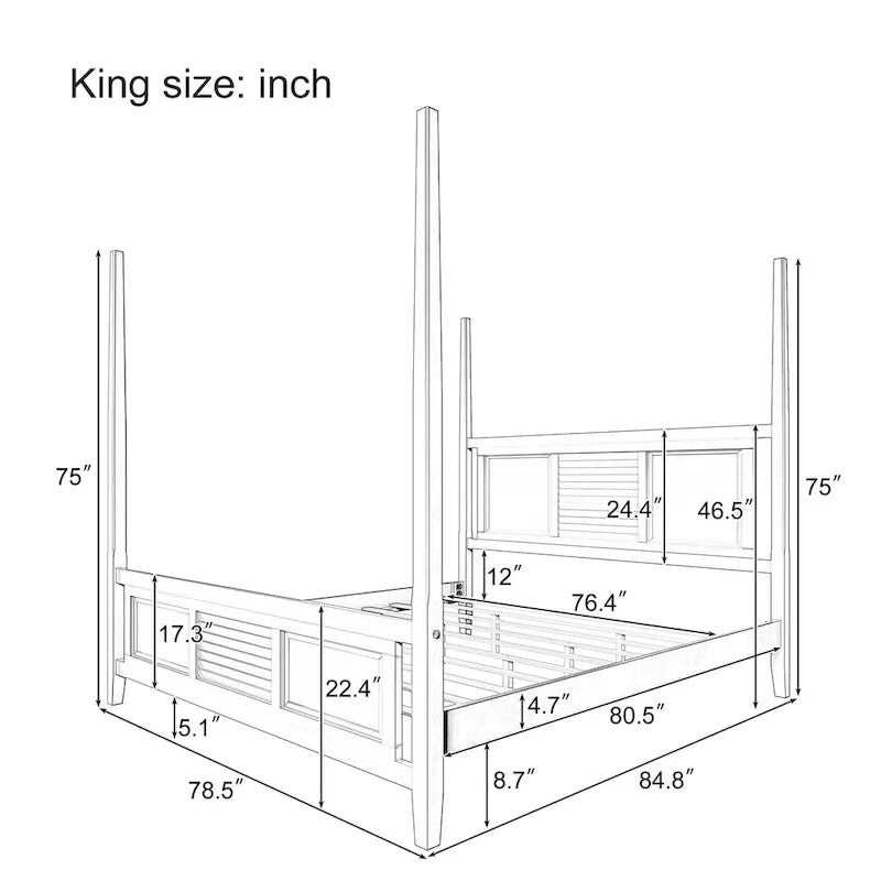 White King Size Four-Poster Bed with 75-Inch Posts – 2 Person