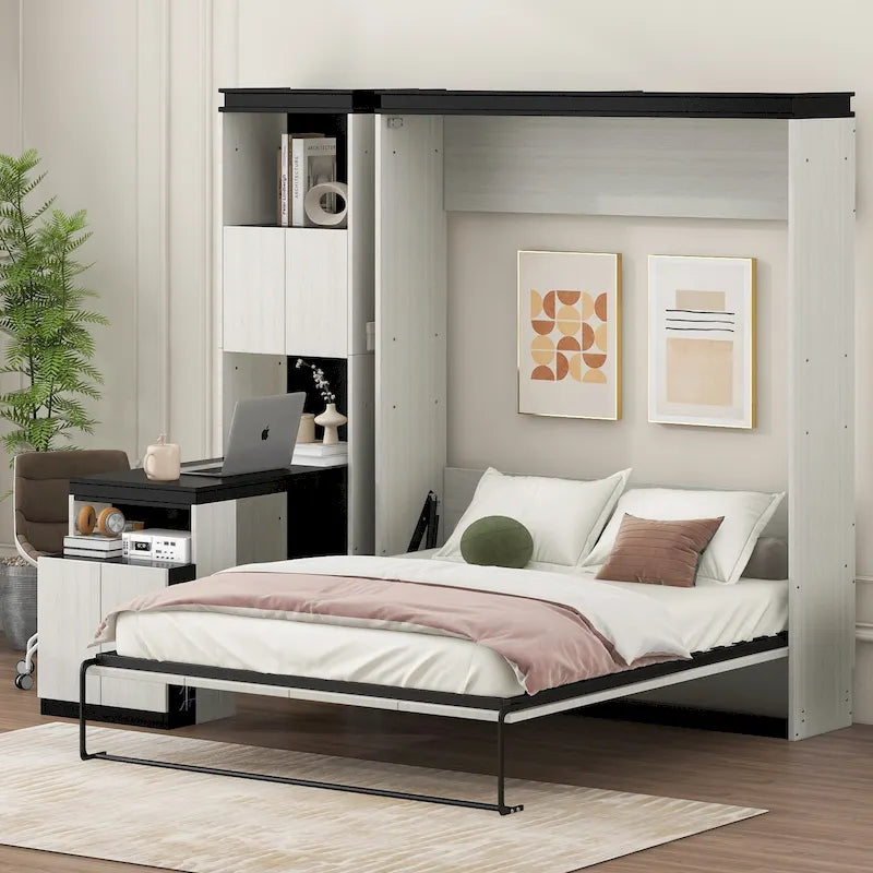 Black & White Full Size Wall Murphy Bed with Fold-Down Desk & Storage Shelves – 1 Person