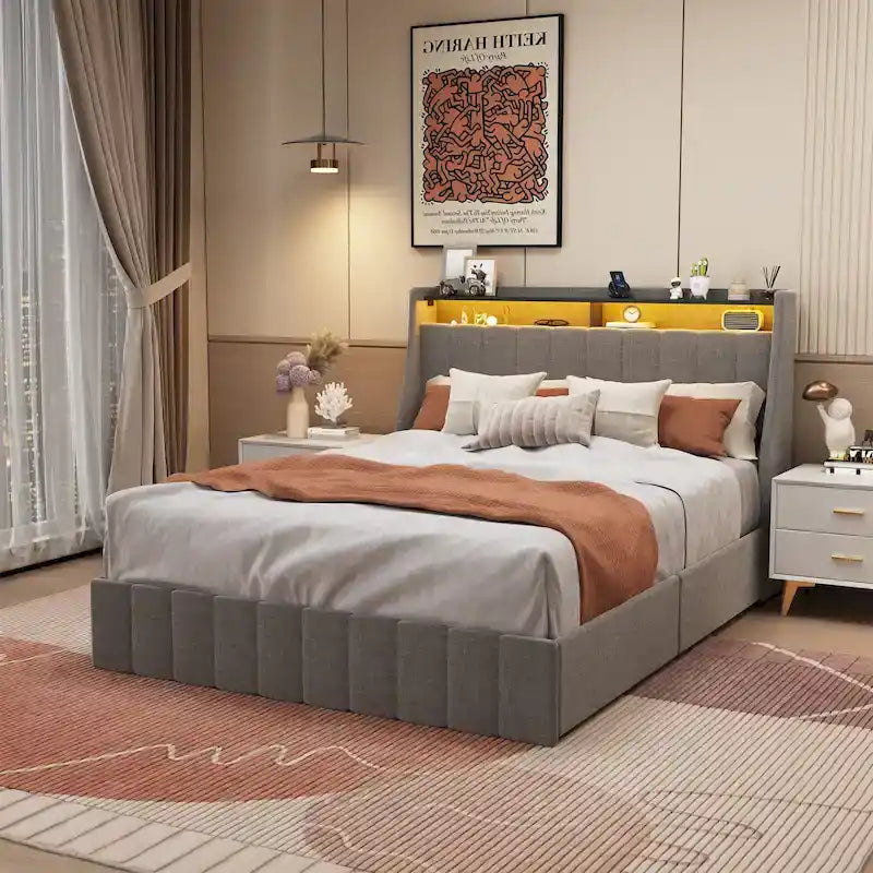 Light Grey Full Size Linen Platform Bed with RGB LED Headboard & 4 Storage Drawers – 2 Person