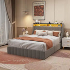 Light Grey Full Size Linen Platform Bed with RGB LED Headboard & 4 Storage Drawers – 2 Person