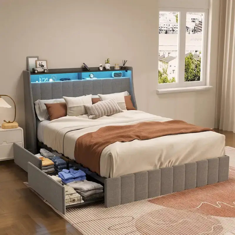 Light Grey Full Size Linen Platform Bed with RGB LED Headboard & 4 Storage Drawers – 2 Person