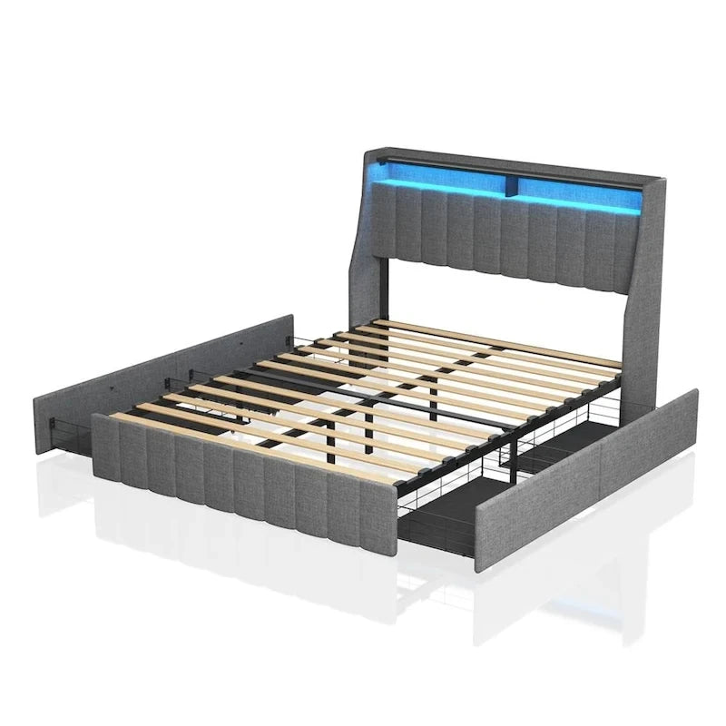 Light Grey Full Size Linen Platform Bed with RGB LED Headboard & 4 Storage Drawers – 2 Person