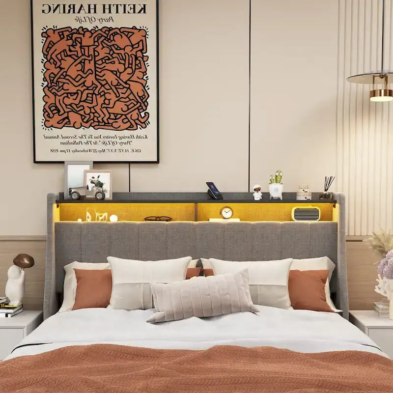Light Grey Full Size Linen Platform Bed with RGB LED Headboard & 4 Storage Drawers – 2 Person
