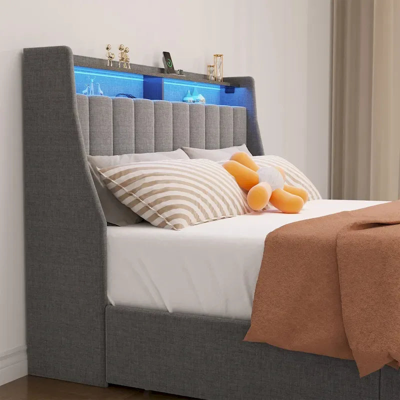 Light Grey Full Size Linen Platform Bed with RGB LED Headboard & 4 Storage Drawers – 2 Person