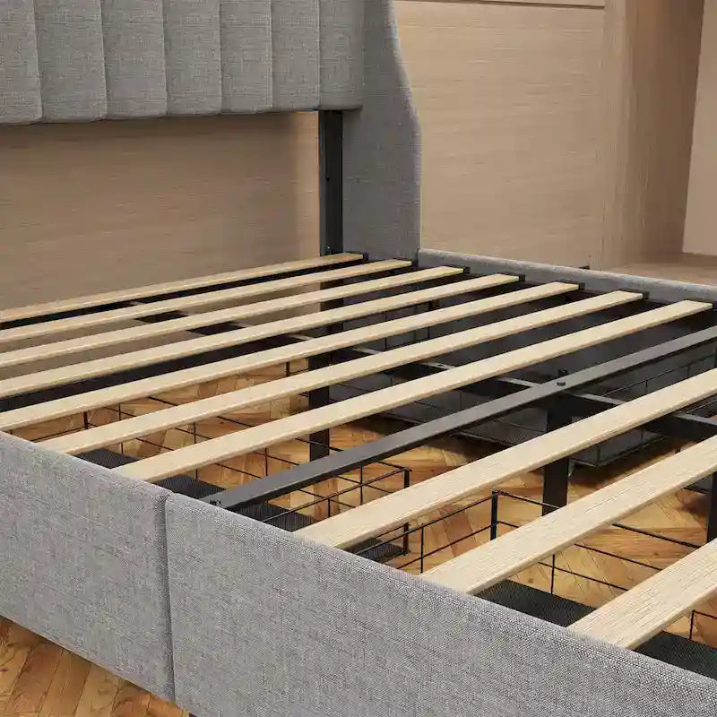 Light Grey Full Size Linen Platform Bed with RGB LED Headboard & 4 Storage Drawers – 2 Person