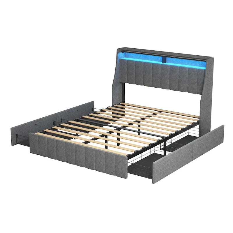 Light Grey Full Size Linen Platform Bed with RGB LED Headboard & 4 Storage Drawers – 2 Person