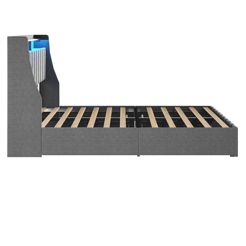 Light Grey Full Size Linen Platform Bed with RGB LED Headboard & 4 Storage Drawers – 2 Person