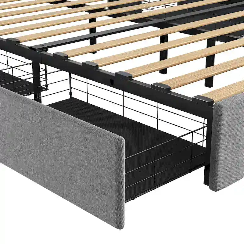 Light Grey Full Size Linen Platform Bed with RGB LED Headboard & 4 Storage Drawers – 2 Person