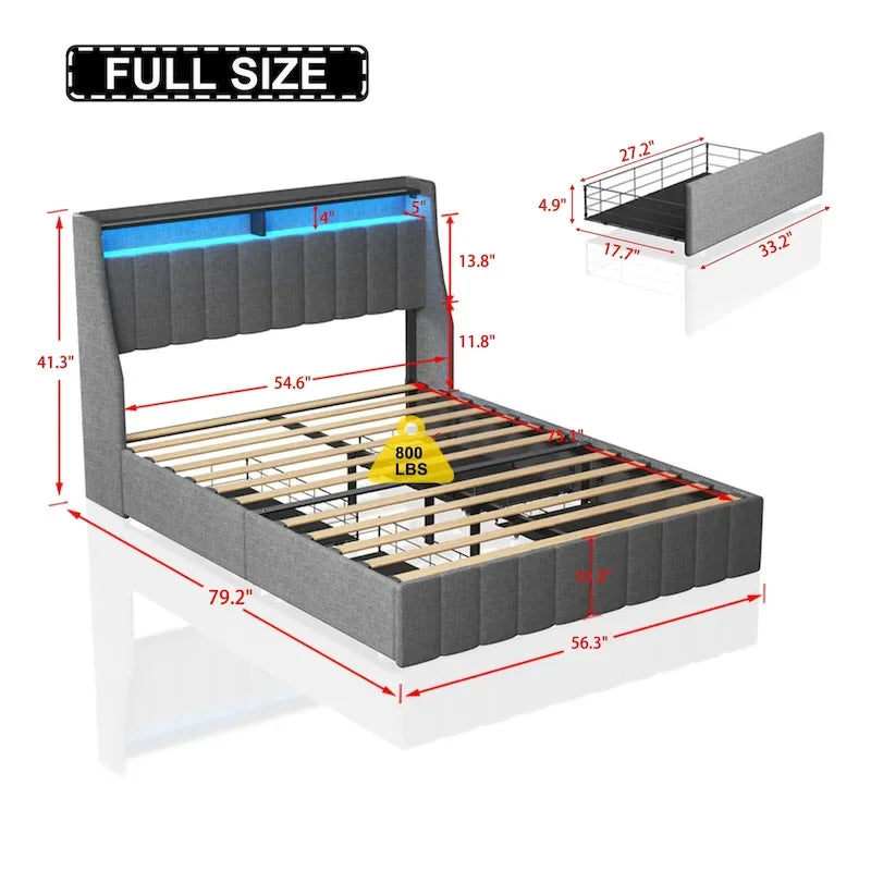 Light Grey Full Size Linen Platform Bed with RGB LED Headboard & 4 Storage Drawers – 2 Person