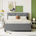 Grey Linen Upholstered Platform Bed with Brick Pattern Headboard & Trundle – Full / Queen – 2 Person
