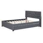Grey Linen Upholstered Platform Bed with Brick Pattern Headboard & Trundle – Full / Queen – 2 Person