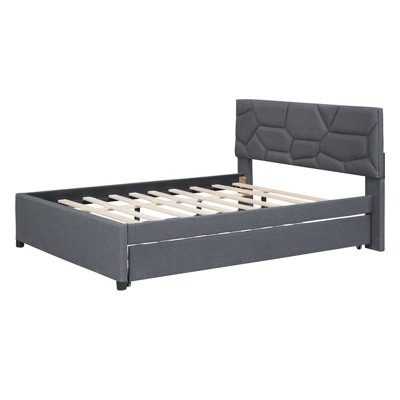 Grey Linen Upholstered Platform Bed with Brick Pattern Headboard & Trundle – Full / Queen – 2 Person